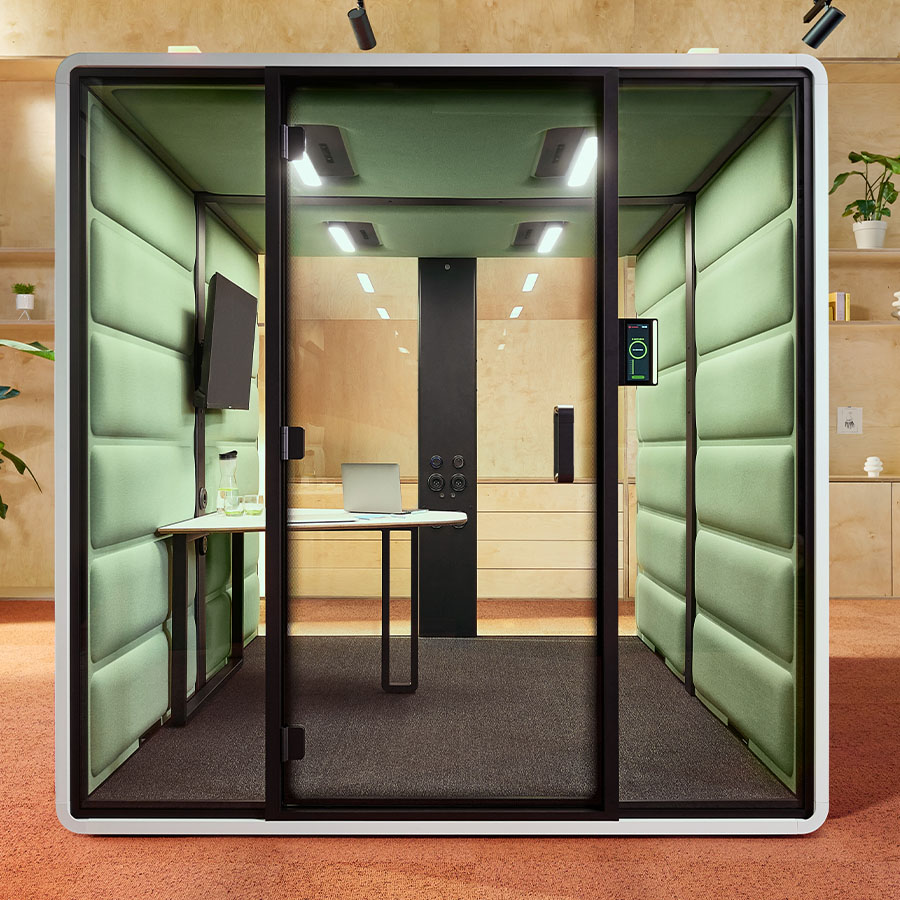 Hushfree.L Korpus White, Innenwand Hellgrün, mit Konferenztisch