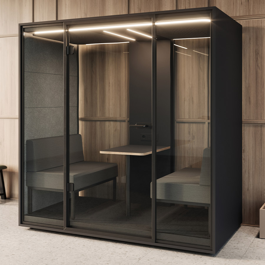 RWH Meetingbox Anthrazit, Sofa Kaffee Dunkel, Innenverkleidung Grau, Mittelkonsole anthrazit, Glasrückwand