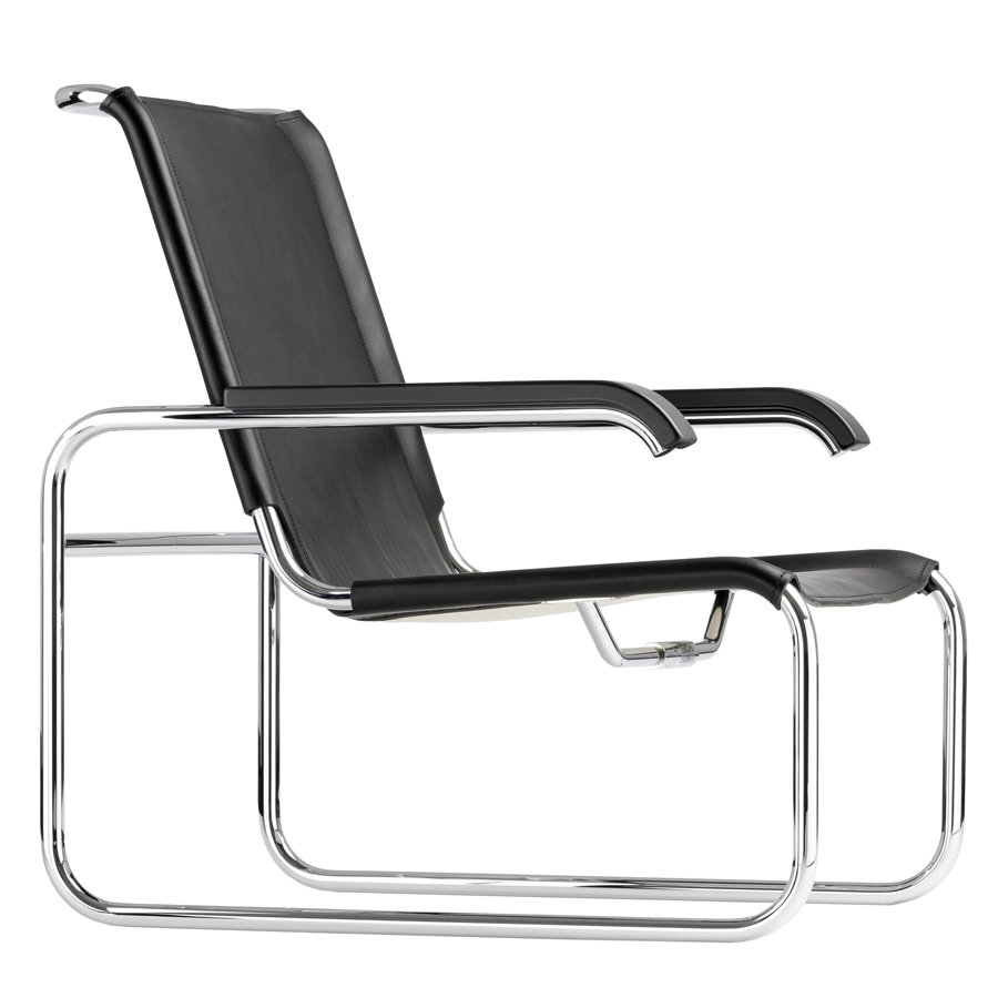 THONET Stahlrohr Loungesessel S 35 mit Armlehnen Leder schwarz - Gestell verchromt - Seitenansicht