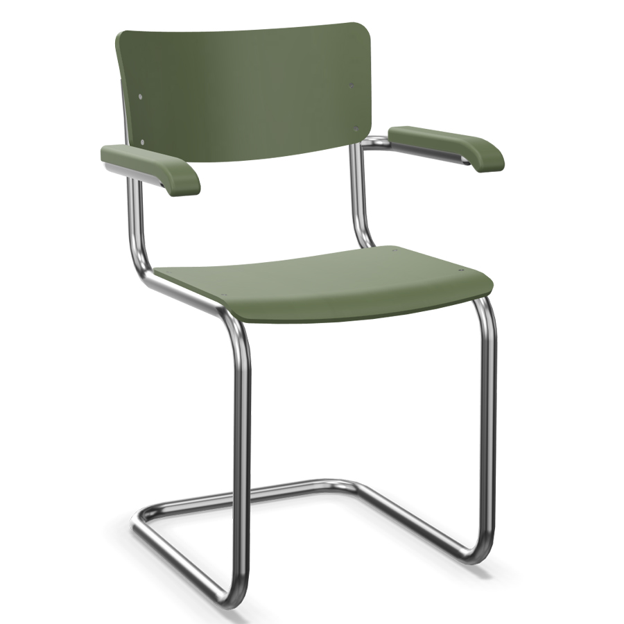 THONET Stahlrohr-Freischwinger S 43 F mit Armlehnen | olivgrün | Gestell Chrom