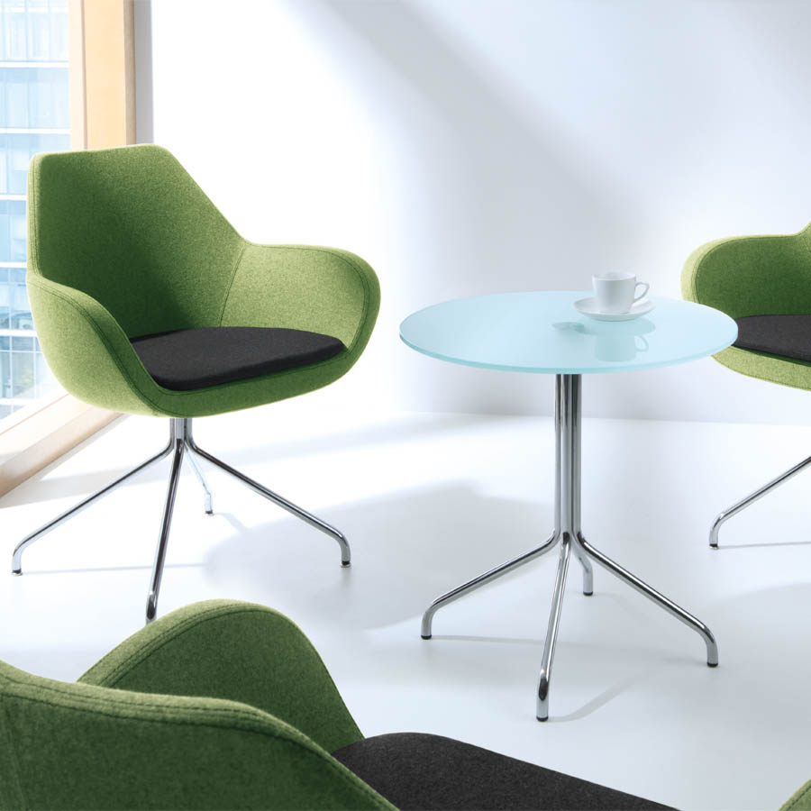 Beistelltisch Profim SH 30 mit Spinnenfuß in Aluminium poliert und Platte Milchglas und Profim Fan mit Spinnenfuß