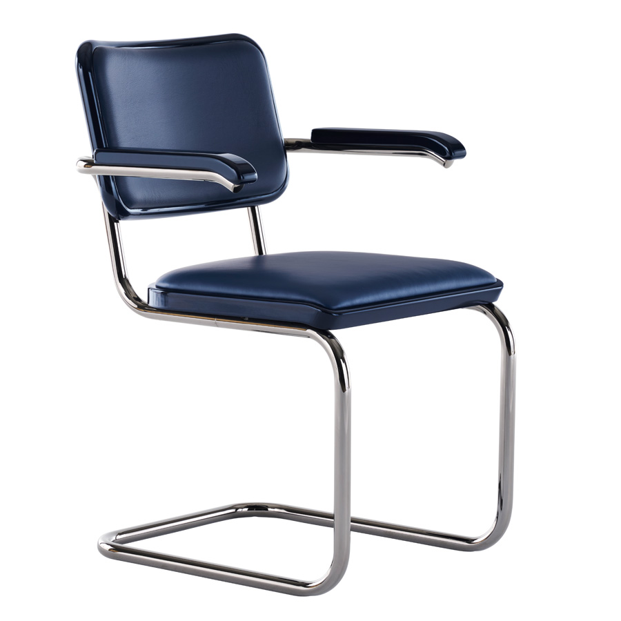 JS. THONET S 64 P SERIOUS 04 | Buche blau Hochglanzlack | Stahlrohr-Freischwinger mit Armlehnen