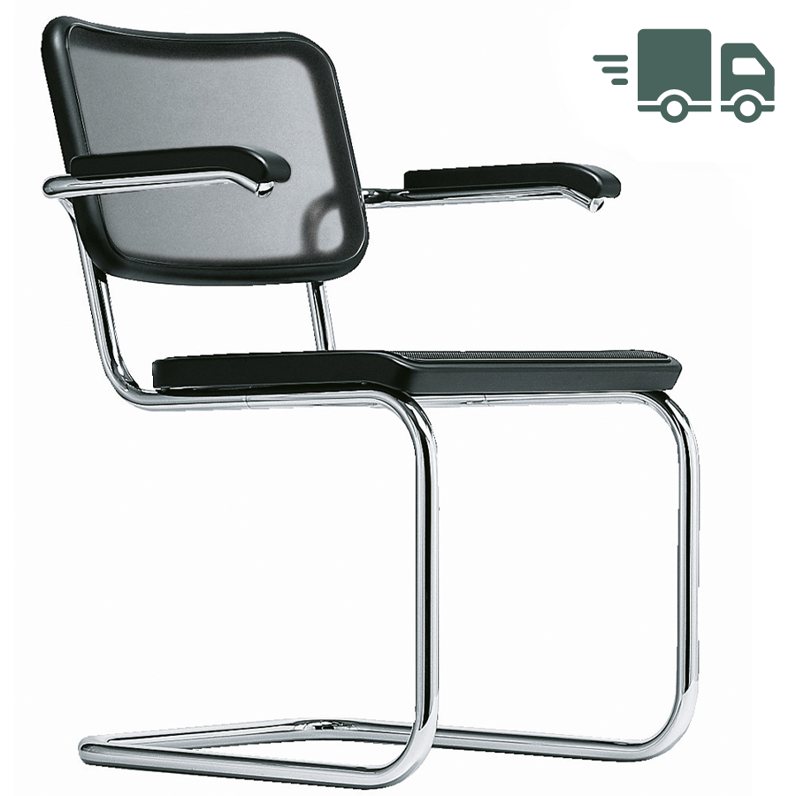 THONET Stahlrohr-Freischwinger S 64 N mit Armlehnen u. Netzbespannung schwarz - Gestell verchromt