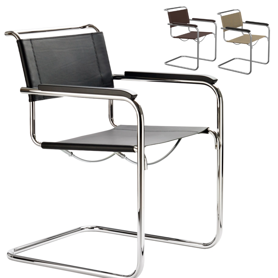 THONET Stahlrohr-Freischwinger S 34 mit Armlehnen | KONFIGURATOR | Sitz u. Rücken Kernleder schwarz