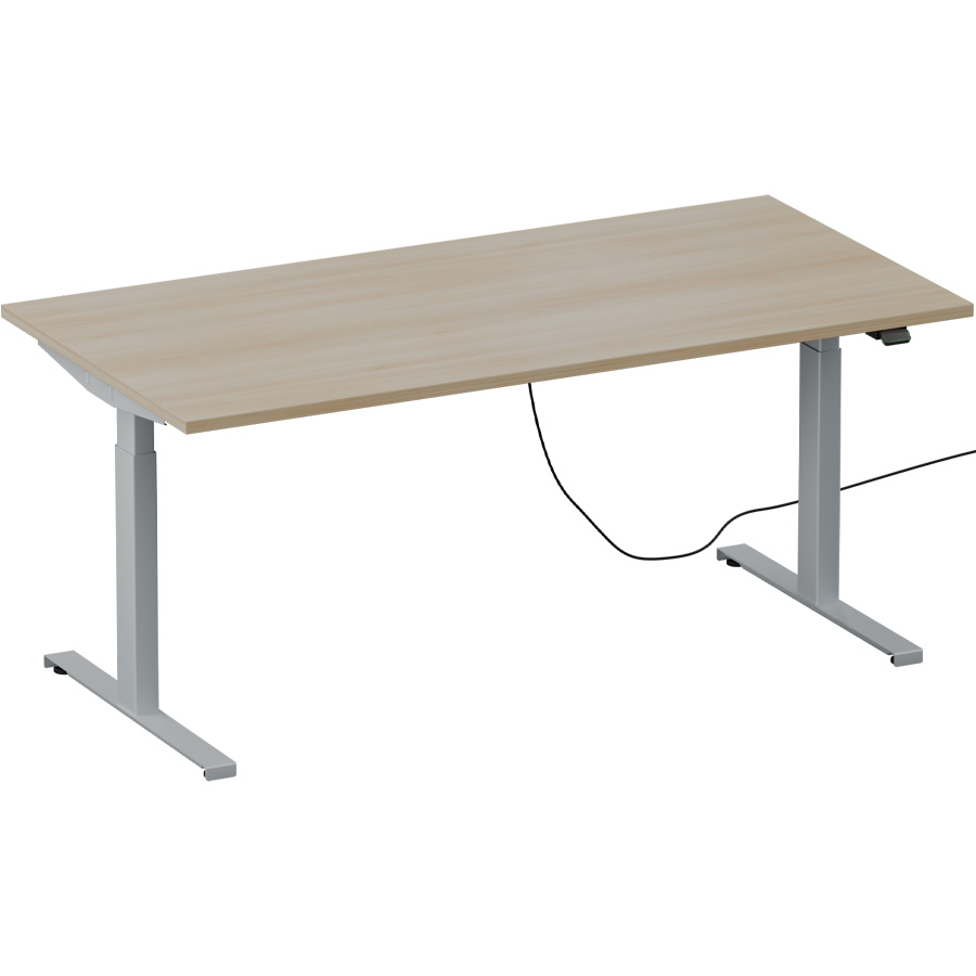 Schreibtisch NewWORK elektrisch höhenverstellbar - Gestell silber - Platte Lakeland Akazie