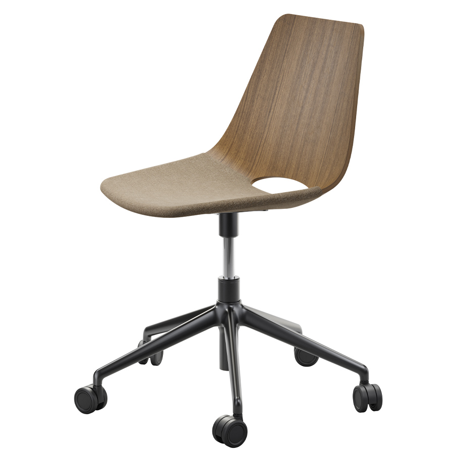 THONET S 661 DR Formholz-Stuhl - Sitzfläche gepolstert - Nussbaum - Fußkreuz schwarz mit Rollen - Seitenansicht