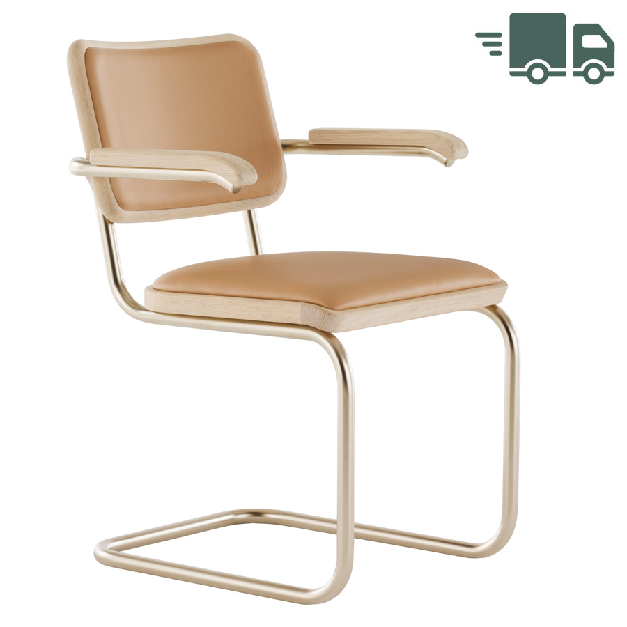 JS. THONET S 64 P NORDIC 01 | Eiche weiß pigmentiert | Leder Karamell | Stahlrohr-Freischwinger
