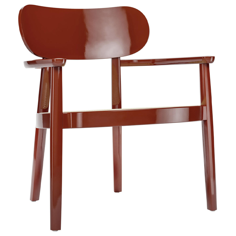 THONET 119 F Holzstuhl mit Armlehnen u. Rohrgeflecht-Sitz hochglanz dunkelrot - seitliche Ansicht