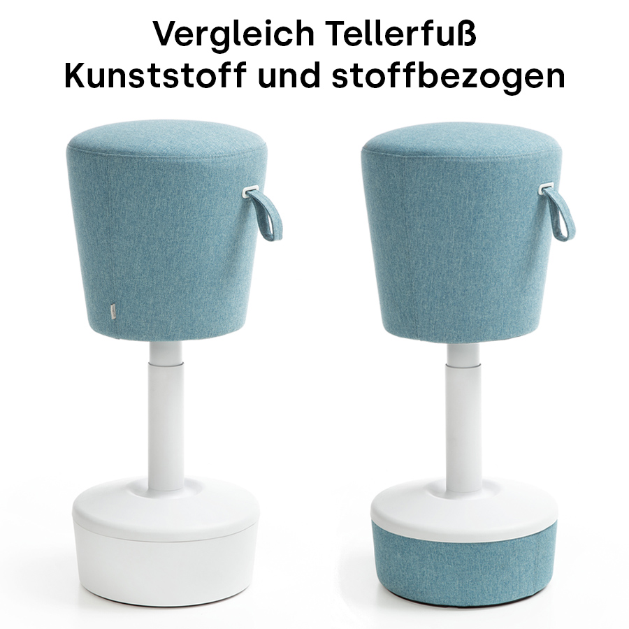 Vergleich Tellerfuß Kunststoff und stoffbezogen (Bezug Medley 67006)