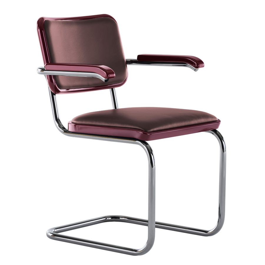 JS. THONET S 64 P SERIOUS 02 | Buche dunkelrot Hochglanzlack | Stahlrohr-Freischwinger mit Armlehnen