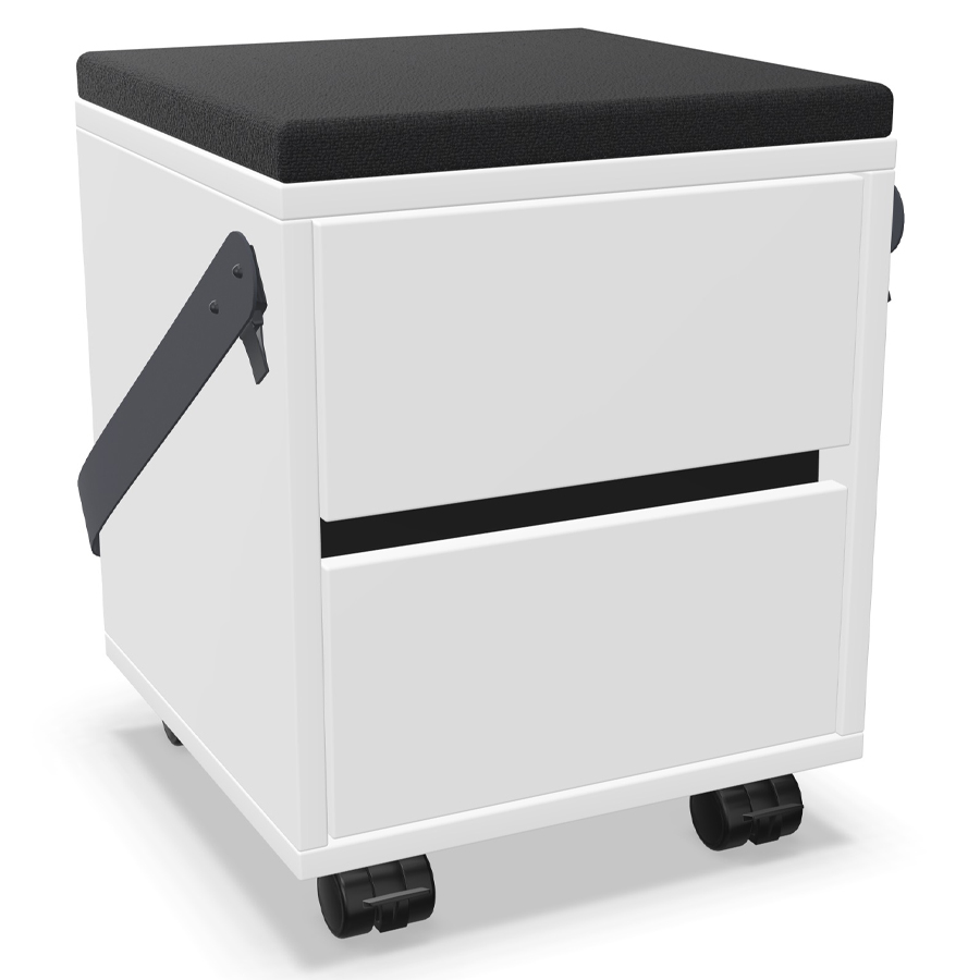 Palmberg Rollcontainer/Sitzhocker FIFFI weiß mit Gurt u. Sitzkissen schwarz