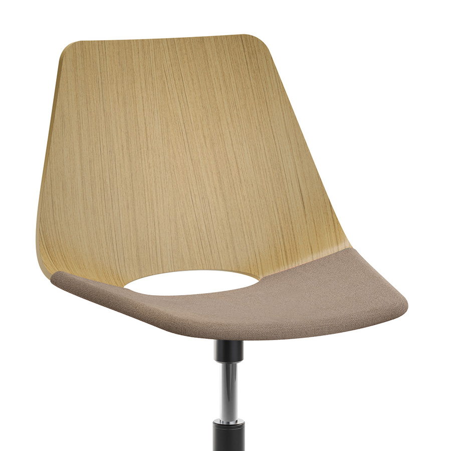 THONET S 661 SPVDR Formholz-Stuhl - Sitzfläche gepolstert - Eiche - Fußkreuz Alu poliert mit Rollen - Nahaufnahme