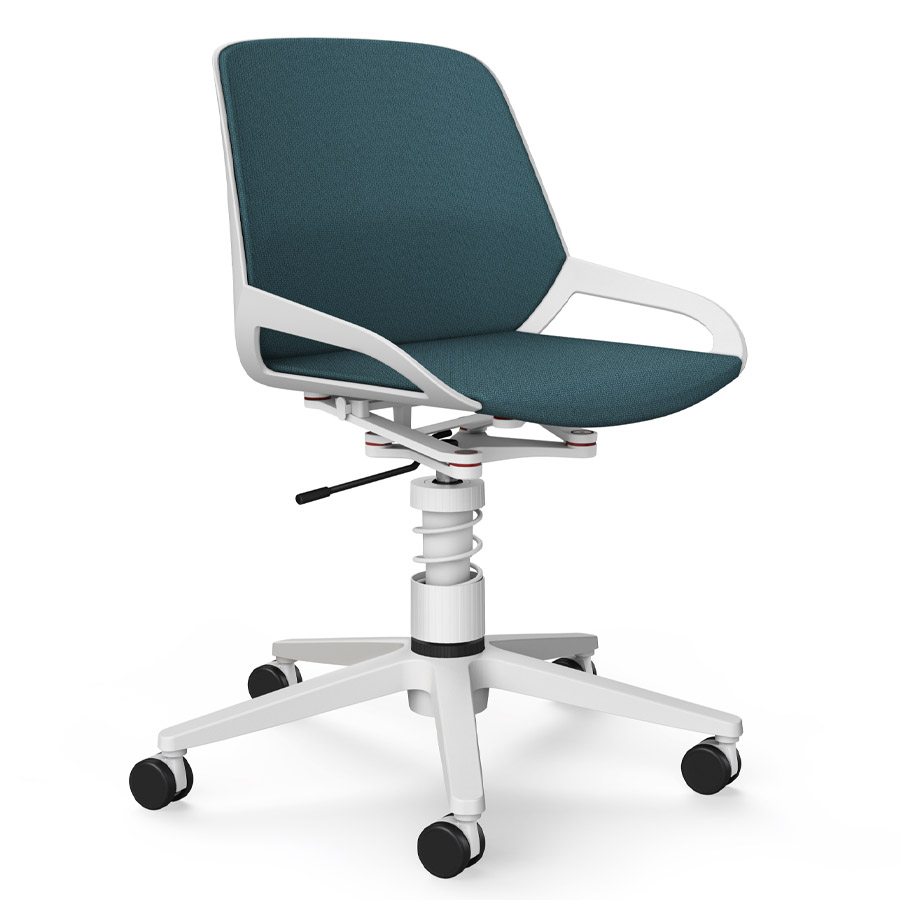 Aeris Numo Task mit Federbein weiß - Fußkreuz mit Rollen - Sitz- u. Rückenpolster Cura blau