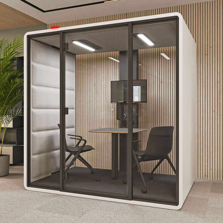 HushFree.M White, Stoff Innen Hellgrau, ohne Sofas, mit Tisch und TV-Halter