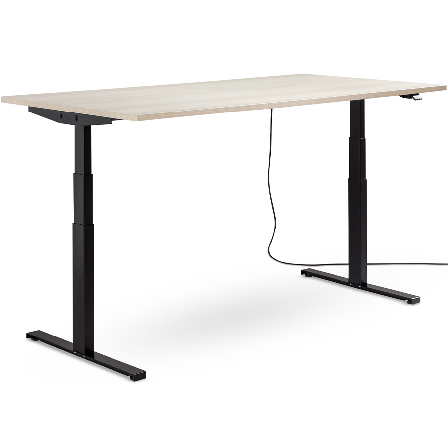 Schreibtisch NewWORK elektrisch höhenverstellbar - Gestell schwarz - Platte Lakeland Akazie - vollständig ausgefahren