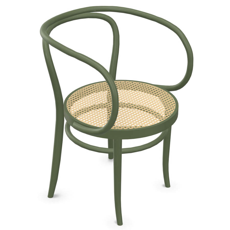 THONET 209 Bugholzarmlehnenstuhl | Rohrgeflecht-Sitz | Buche olivgrün gebeizt