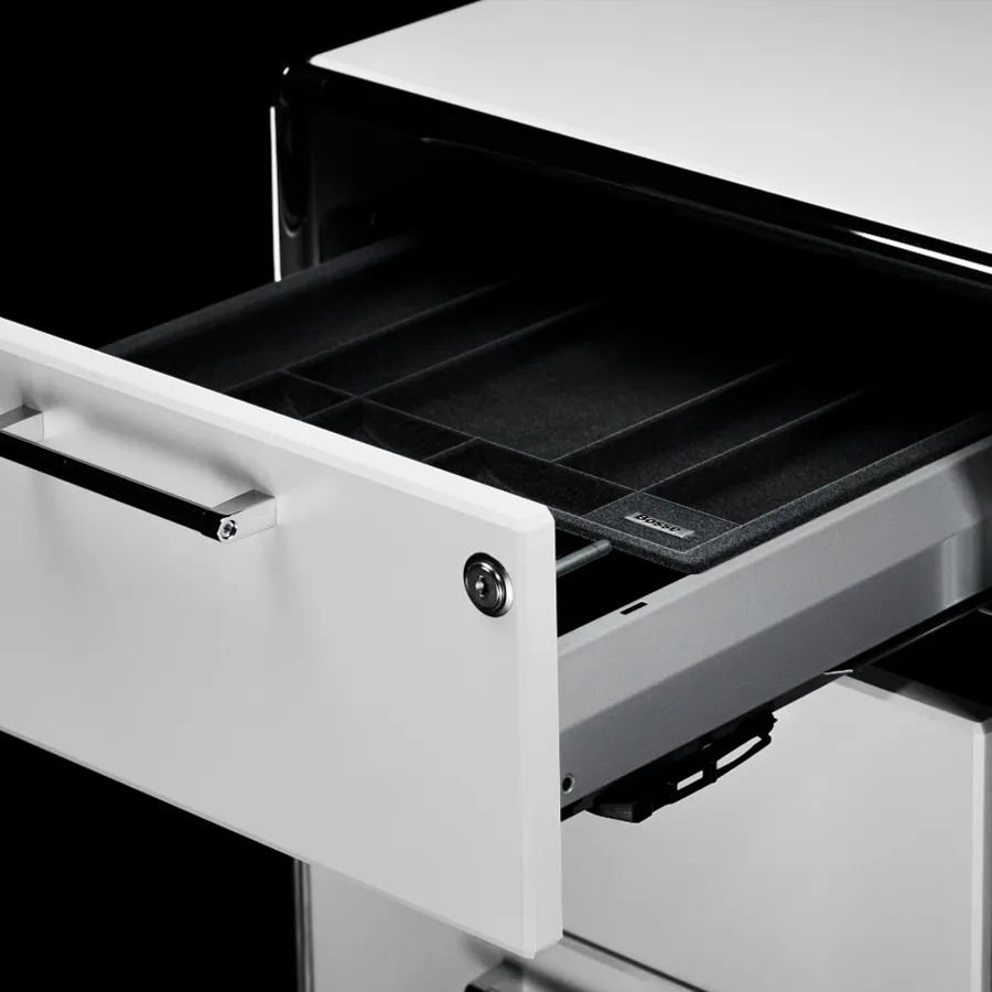 Bosse Rollcontainer 333 weiß Rahmen chrom - Detail Materialeinsatzschale - Fast & Easy