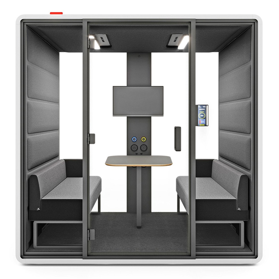 HushFree.M White, Stoff Innen Dunkelgrau, mit Sofas, Tisch und TV-Halter