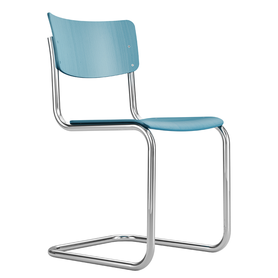 THONET Stahlrohr-Freischwinger S 43 | Formholzschale ozeanblau | Gestell verchromt