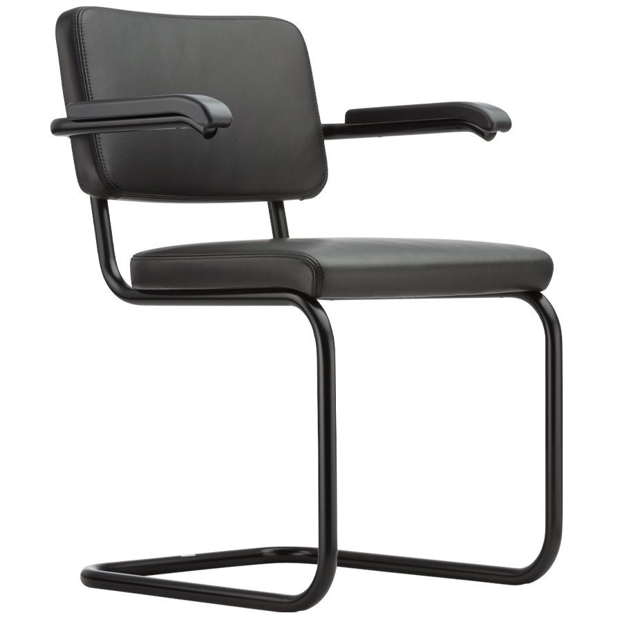 THONET Stahlrohr-Freischwinger S 64 PV Polstersitz Nappa Naturleder schwarz mit Armlehnen