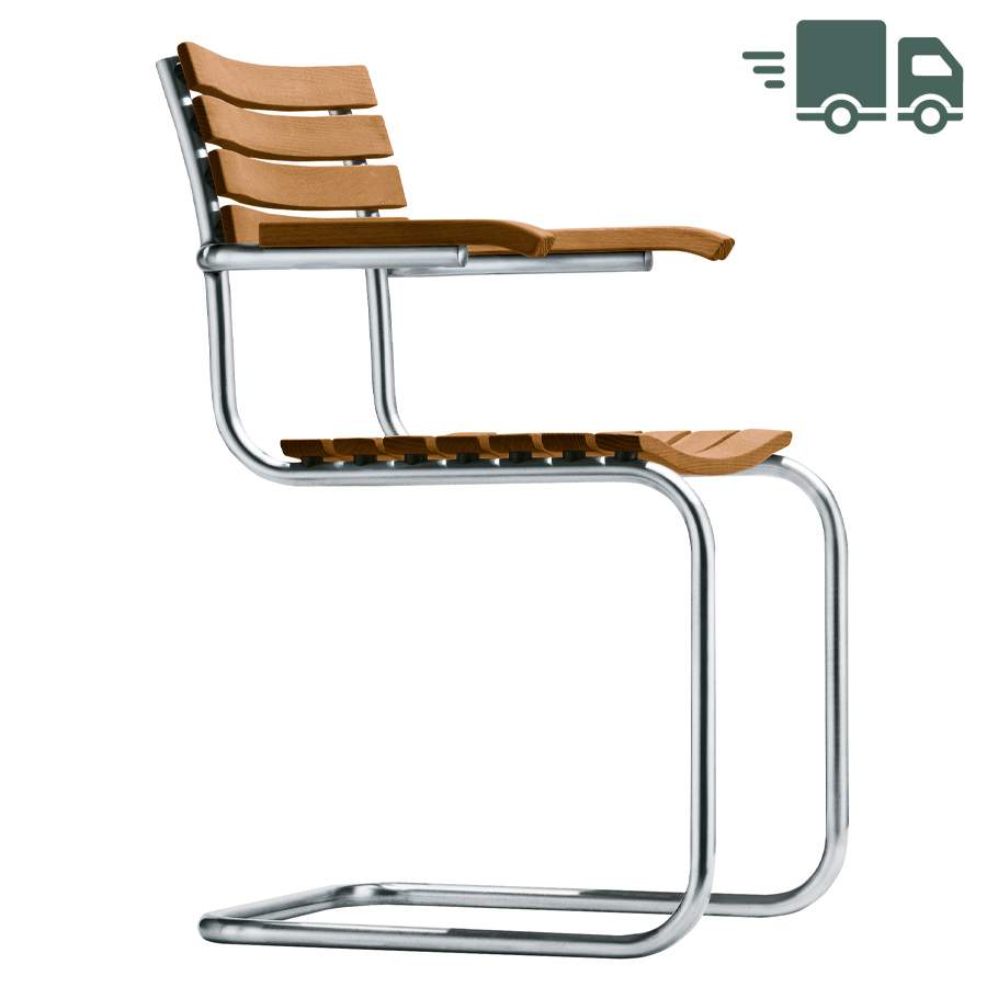 THONET S 40 F Gartenstuhl Stahlrohr-Freischwinger mit Armlehnen - Gestell verchromt