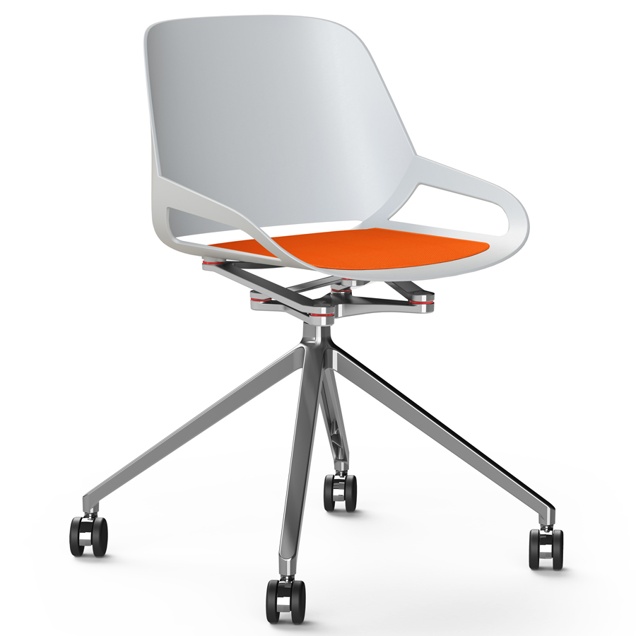 Aeris Numo Fußkreuz Rollen - Sitzschale weiß - Kinematik u. Gestell Alu poliert - Sitzkissen rot