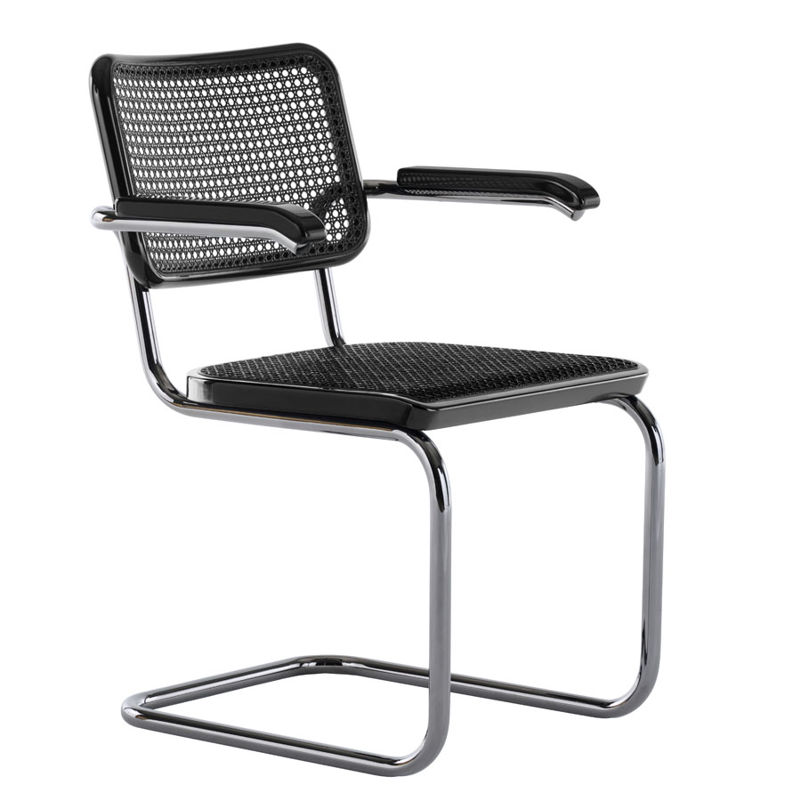 JS. THONET S 64 V SERIOUS 05 | Buche schwarz Hochglanzlack | Stahlrohr-Freischwinger mit Armlehnen