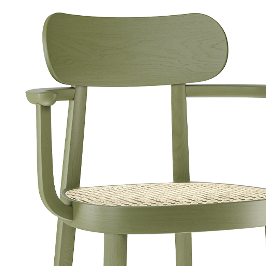 THONET 118 F Holzstuhl mit Armlehnen u. Rohrgeflecht-Sitz Buche gebeizt olivgrün - Detailaufnahme