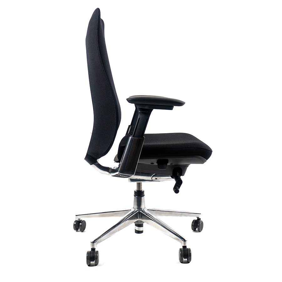 HAWORTH Fern Bürodrehstuhl schwarz mit Netzrücken, Fußkreuz Alu poliert - Seitenansicht