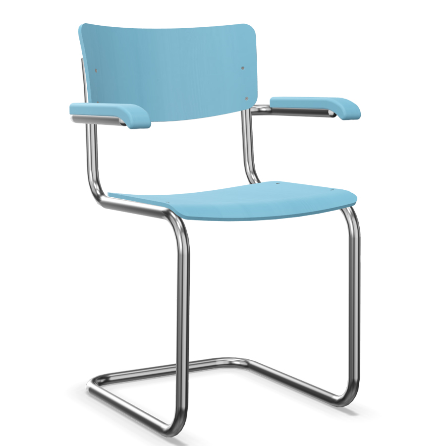 THONET Stahlrohr-Freischwinger S 43 F mit Armlehnen | ozeanblau | Gestell Chrom