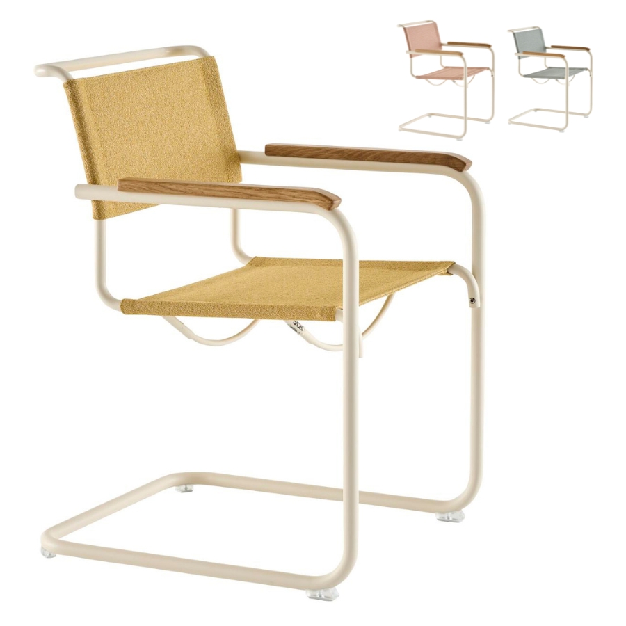 THONET Stahlrohr-Freischwinger S 34 V mit Armlehnen | Sitz u. Rücken Stoffmuster | Gestell perlweiß