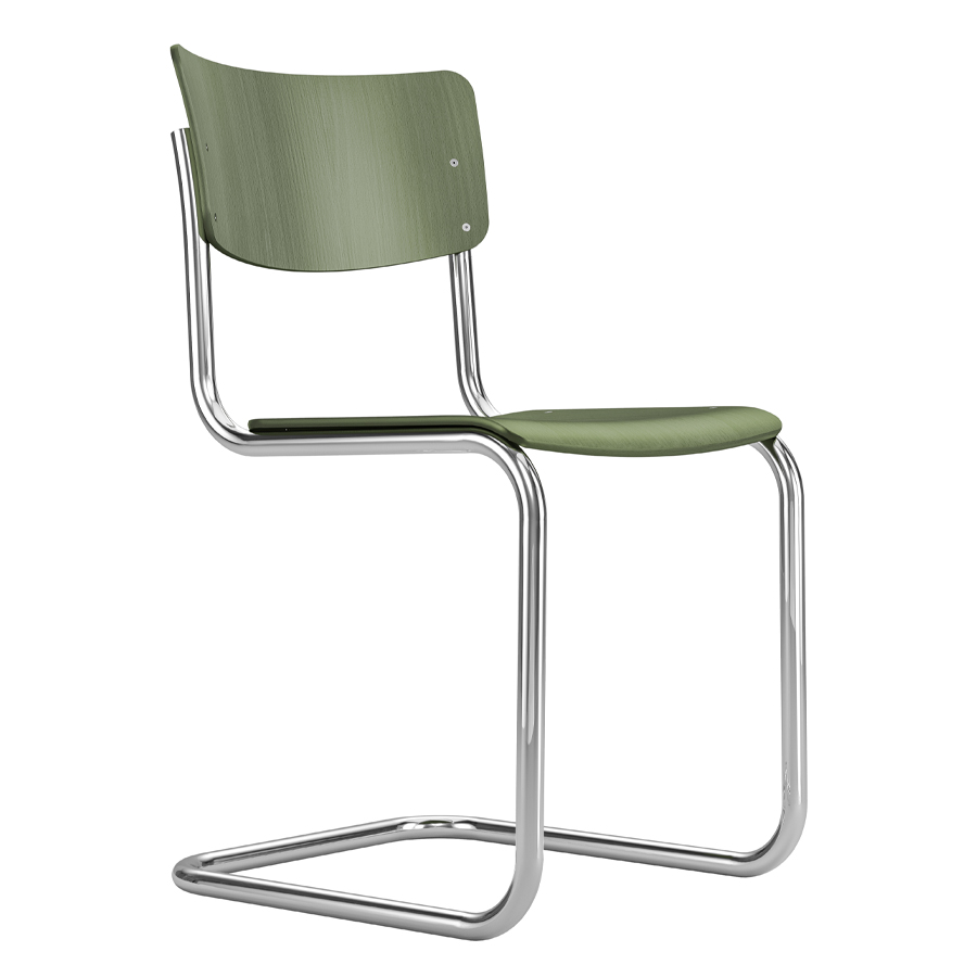 THONET Stahlrohr-Freischwinger S 43 | Formholzschale olivgrün | Gestell verchromt