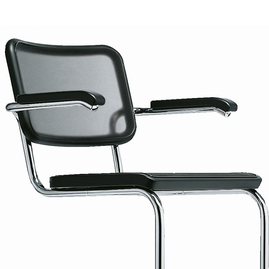 THONET Stahlrohr-Freischwinger S 64 N mit Armlehnen u. Netzbespannung schwarz - Gestell verchromt - Nahaufnahme
