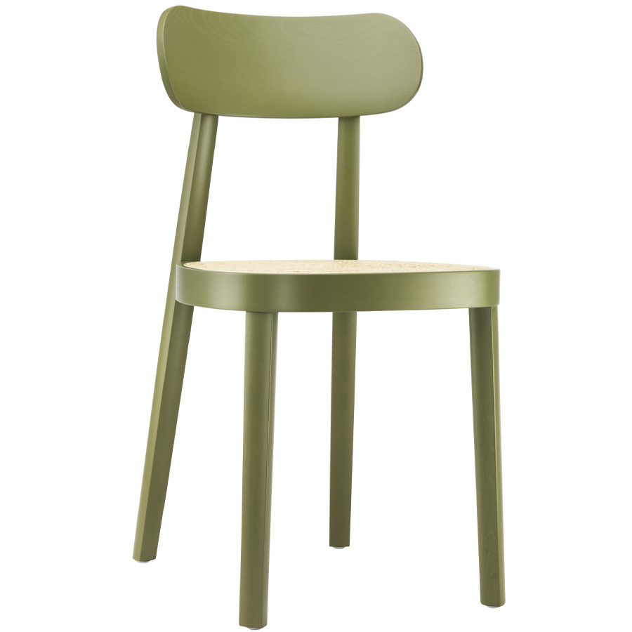THONET 118 Holzstuhl Buche gebeizt olivgrün mit Rohrgeflecht-Sitz