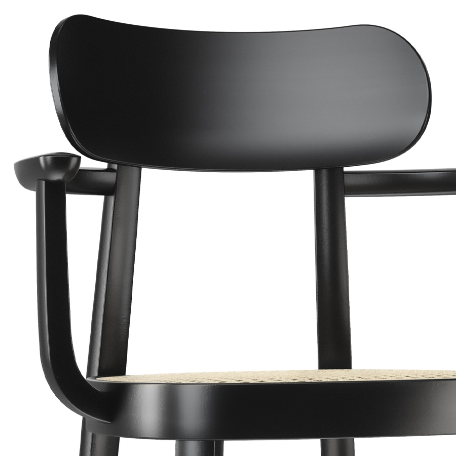 THONET 118 F Holzstuhl mit Armlehnen u. Rohrgeflecht-Sitz Buche gebeizt schwarz - Nahaufnahme