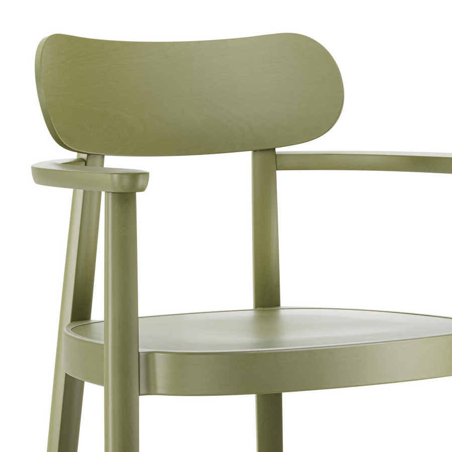 THONET 118 MFV Holzstuhl mit Armlehnen | Muldensitz | Buche gebeizt olivgrün | Nahaufnahme