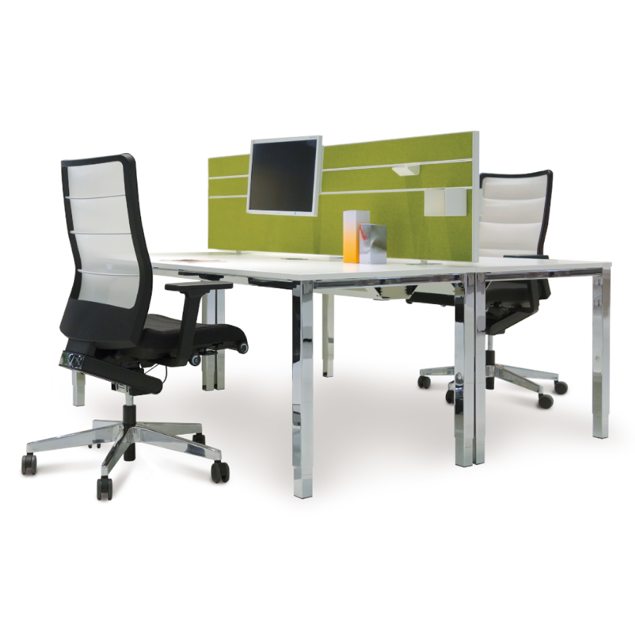 Schreibtisch SINAC von Palmberg Rohr-in-Rohr Gestell Quadratrohr chrom Doppelarbeitsplatz