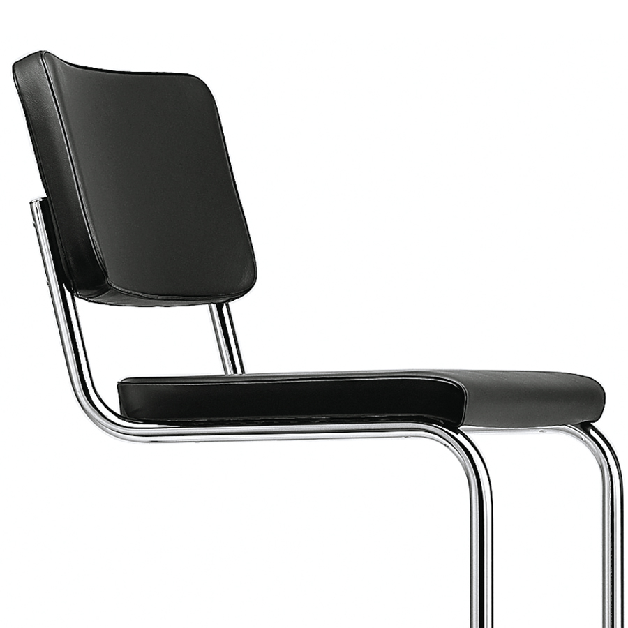 THONET Stahlrohr-Freischwinger S 32 PV Polstersitz Naturleder schwarz - Gestell verchromt - Nahaufnahme