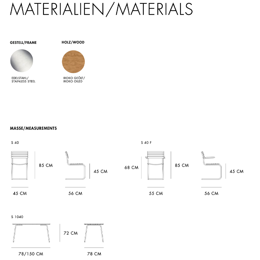 THONET S 40 / S 40 F Gartenstuhl - Übersicht Materialien u. Maße