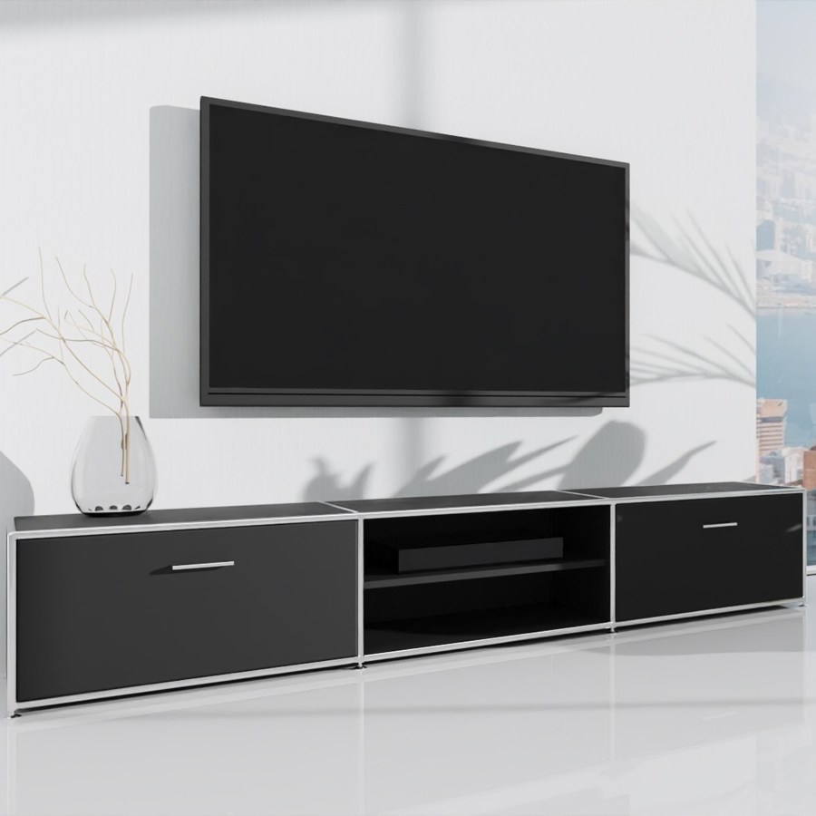 Bosse TV-Lowboard Chrom - in Melamin vulkanschwarz mit zwei Klappen und einem Fachboden (ohne Deko)