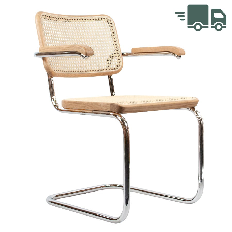 THONET S 64 V | Eiche Pure Materials | Stahlrohr-Freischwinger mit Armlehnen | Gestell verchromt