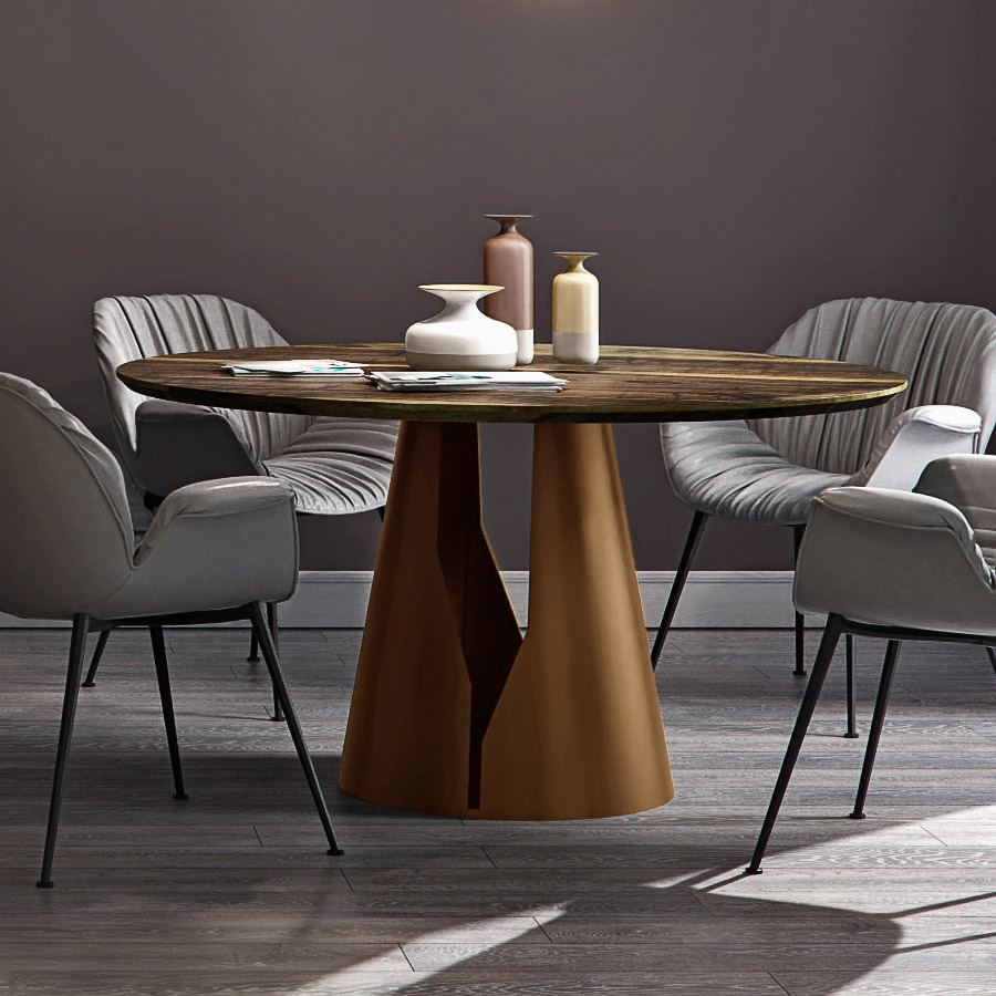 Trebord Mono Tisch rund, Tischplatte Nuss, Gestell perlgold