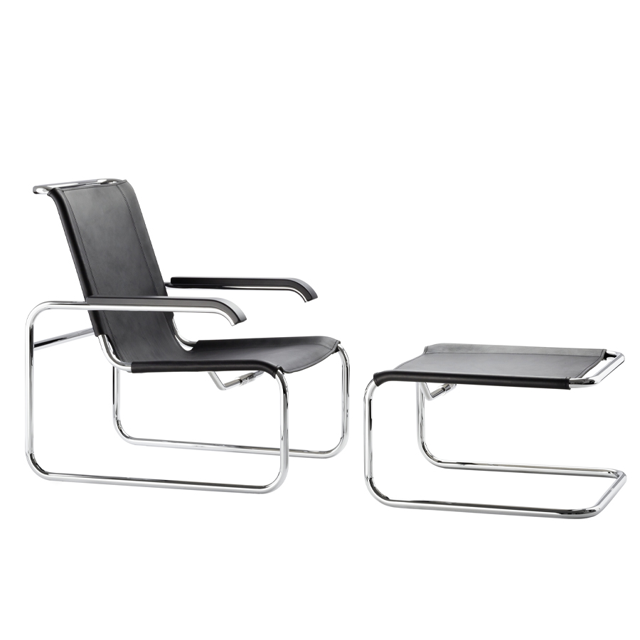 THONET Stahlrohr Loungesessel S 35 mit Armlehnen und Fußhocker