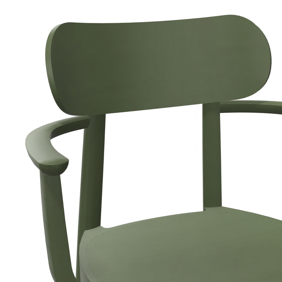 THONET 118 MF Holzstuhl mit Muldensitz u. Armlehnen Buche gebeizt olivgrün - Detailaufnahme