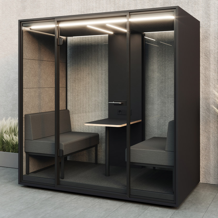 RWH Meetingbox Anthrazit, Sofa Kaffee Dunkel, Innenverkleidung Kaffee, Mittelkonsole anthrazit, Glasrückwand