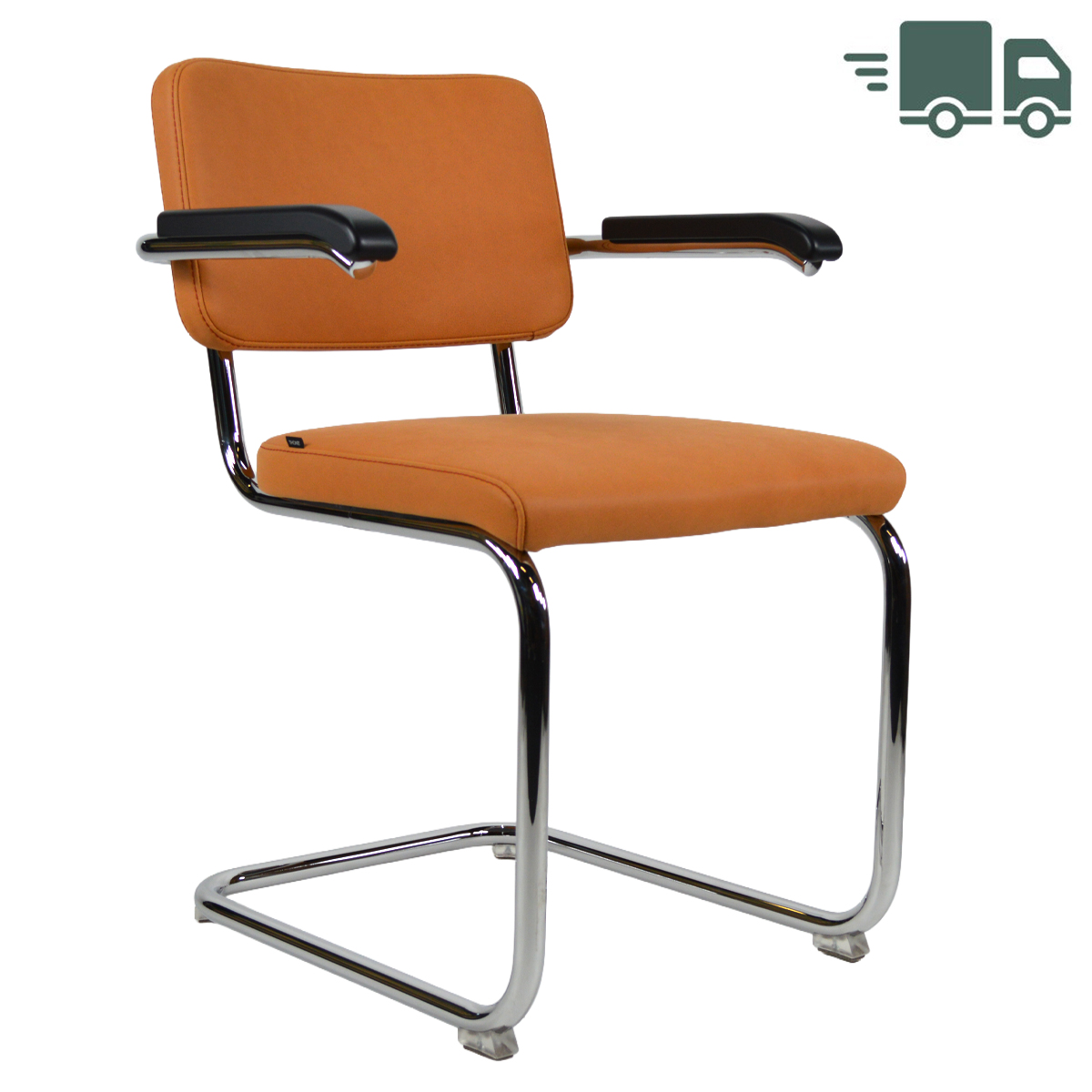 THONET Stahlrohr-Freischwinger S 64 PV | Polstersitz Nubukleder ockerbraun | Armlehnen