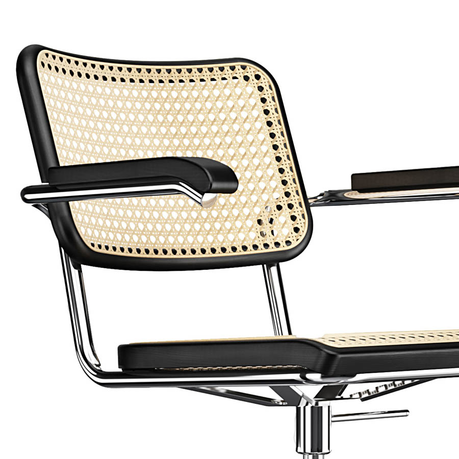 THONET Drehsessel S 64 VDR Atelier Rohrgeflecht-Sitz mit Armlehnen - Gestell verchromt - Nahaufnahme