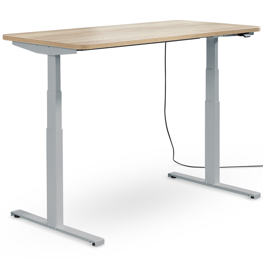 Schreibtisch NewWORK elektrisch höhenverstellbar - Gestell silber - Platte Hallifax Eiche - vollständig hochgefahren