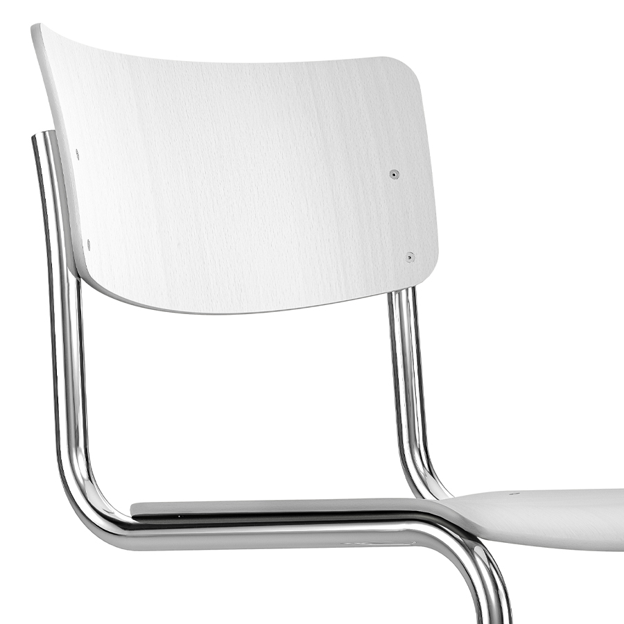 THONET Stahlrohr-Freischwinger S 43 Formholzschale gebeizt weiß lasiert - Gestell verchromt - Nahaufnahme
