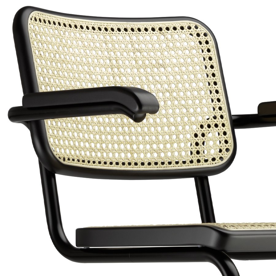 THONET Stahlrohr-Freischwinger S 64 V Rohrgeflecht-Sitz mit Armlehnen - Nahaufnahme